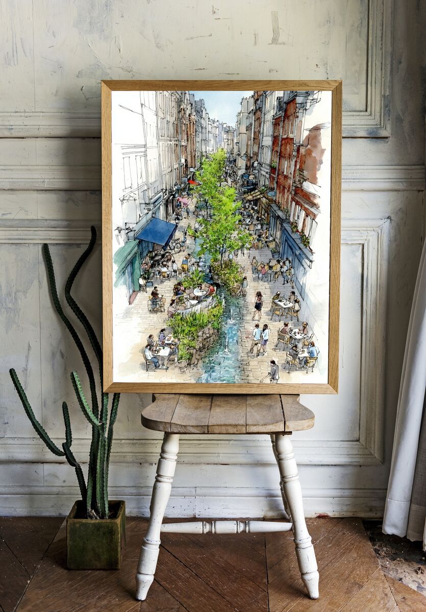 Charming Street Scene — Watercolor Print. — room view 1