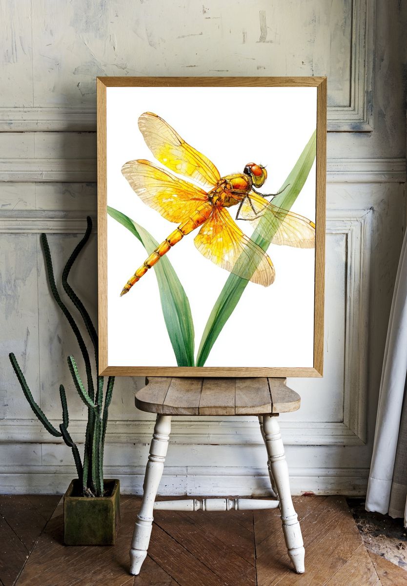 Yellow Dragonfly — Watercolor Print. — room view 1