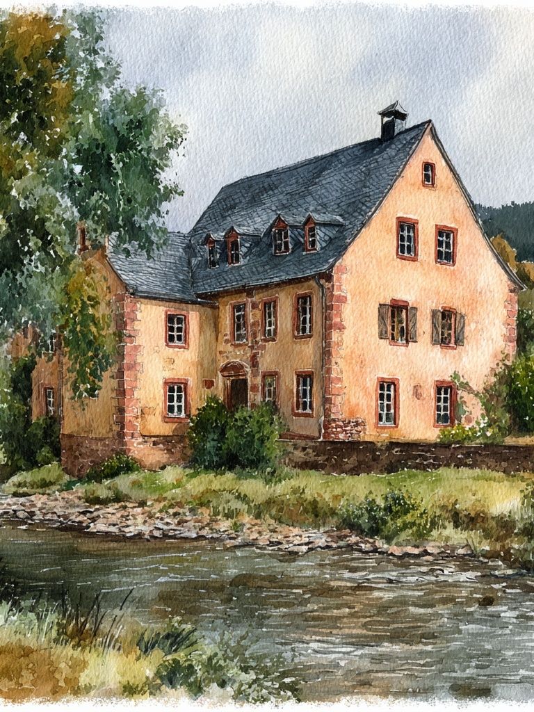 Charming Cottage by the River — Watercolor Print.