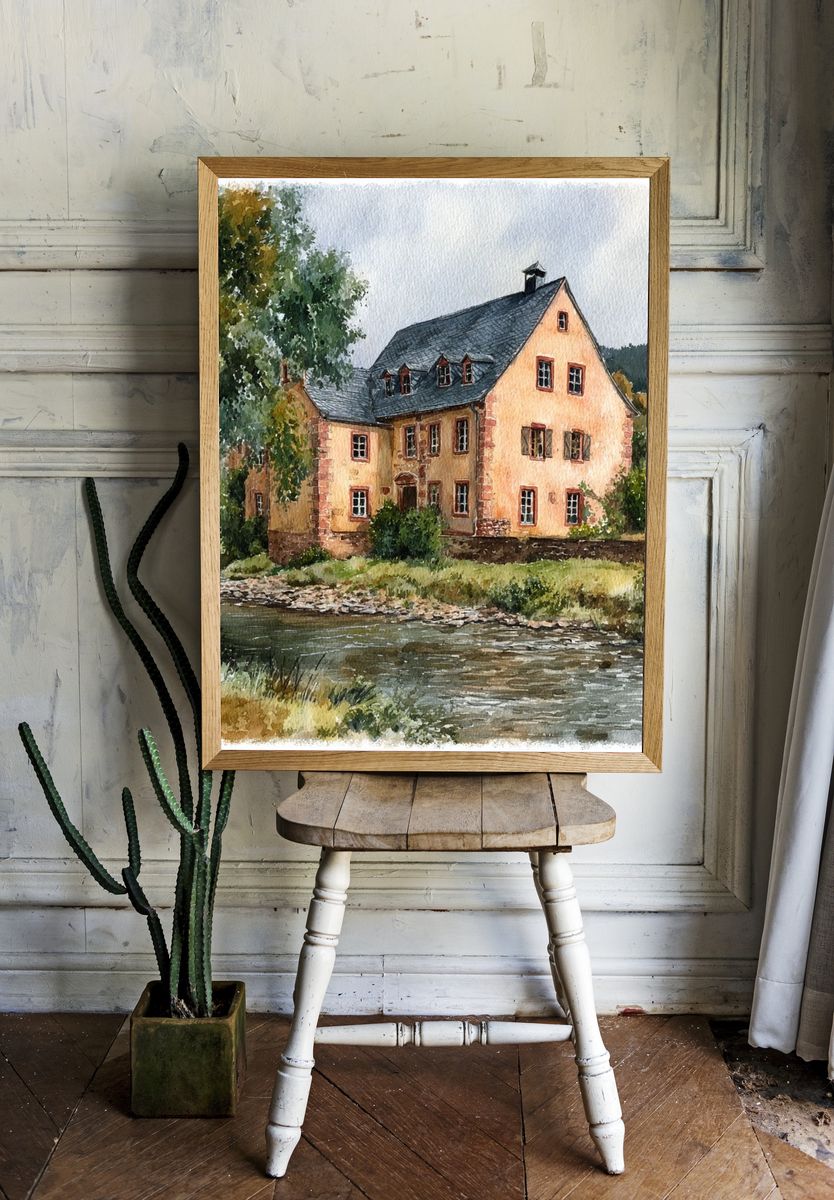 Charming Cottage by the River — Watercolor Print. — room view 1