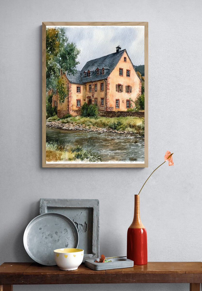 Charming Cottage by the River — Watercolor Print. — room view 3