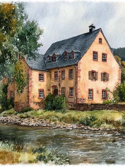Charming Cottage by the River — Watercolor Print. poster print