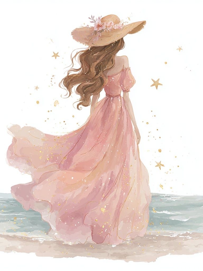 Girl in Pink Dress — Watercolor Print. poster detail