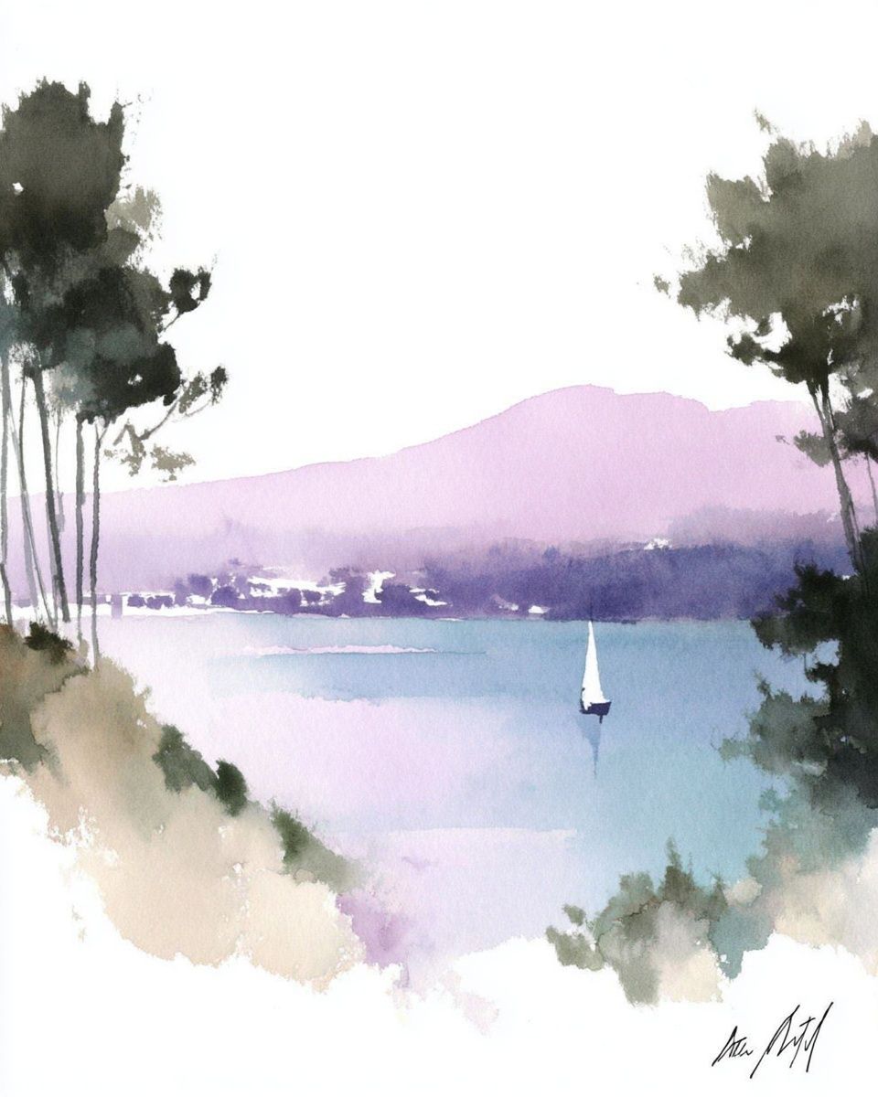 Sailing on Tranquil Waters — Watercolor Print. poster — fine-art art