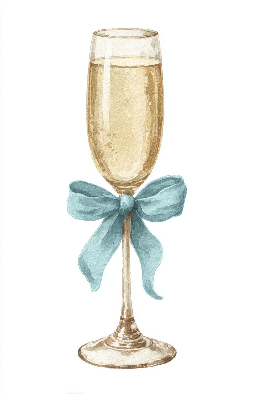 Champagne Glass with Ribbon — Watercolor Print. poster detail