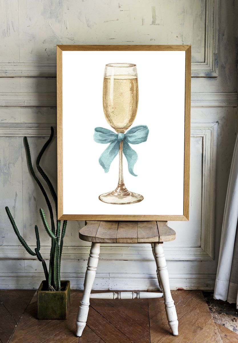 Champagne Glass with Ribbon — Watercolor Print. room preview