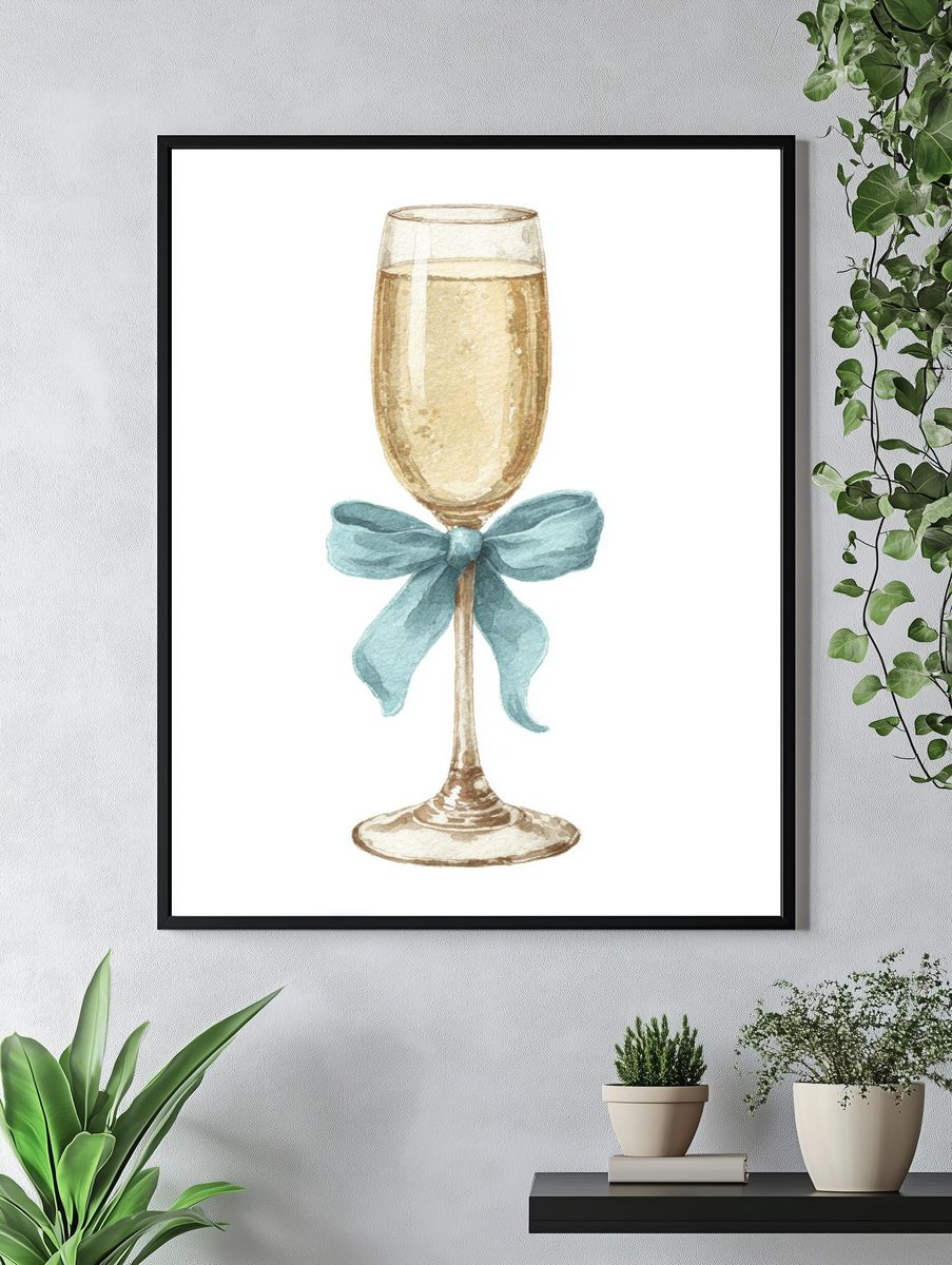 Champagne Glass with Ribbon — Watercolor Print. — room view 4
