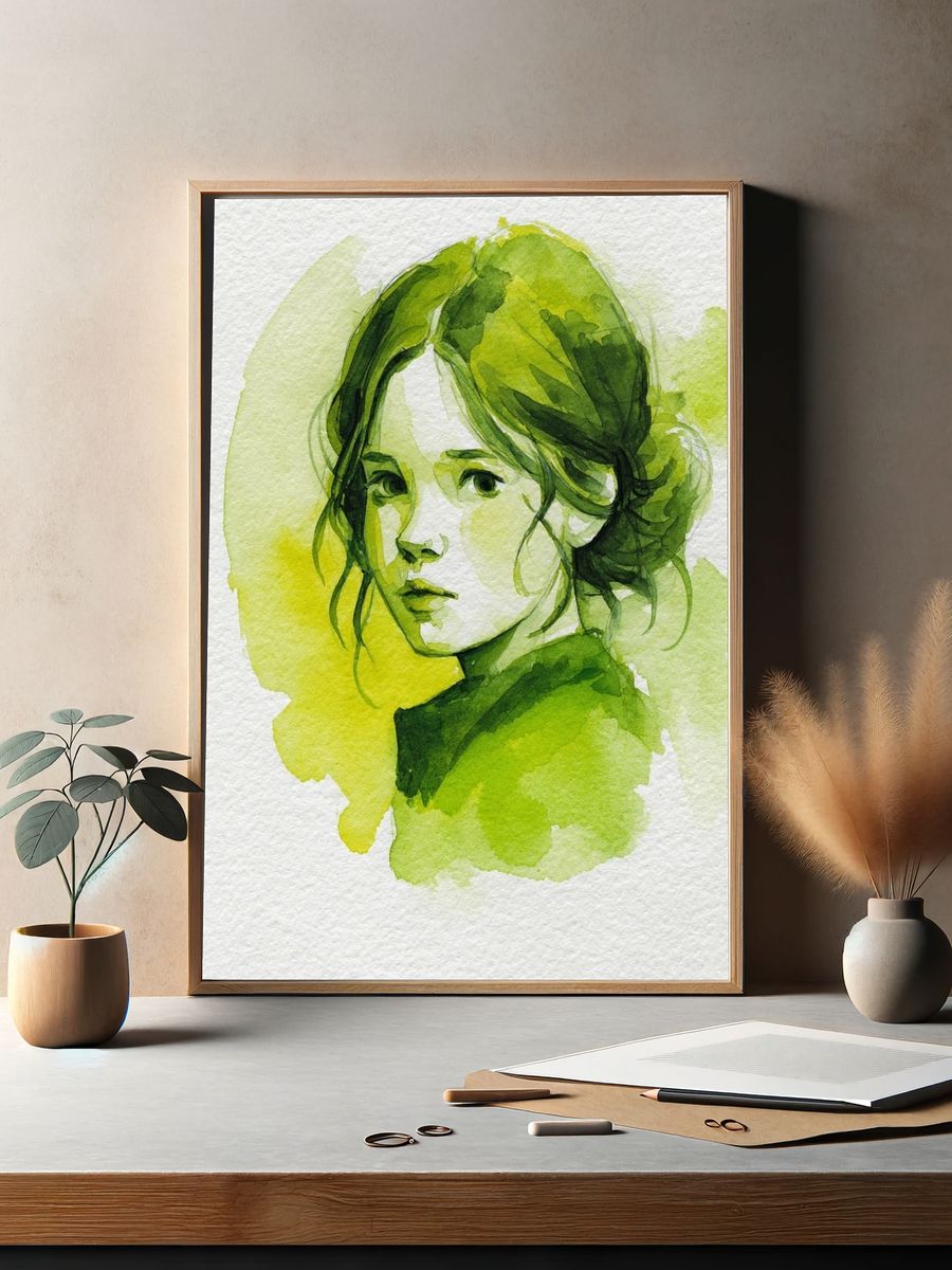 Green Watercolor Portrait Poster. — room view 2