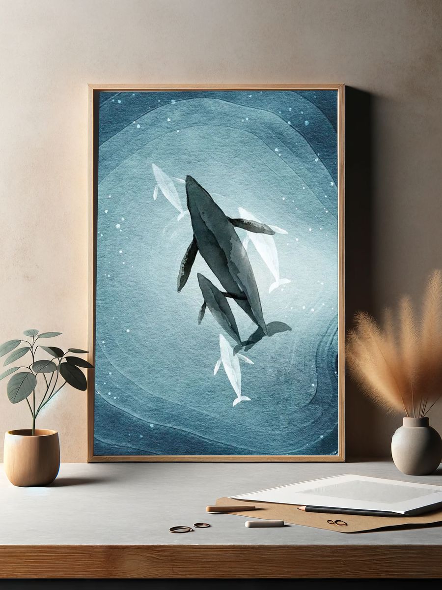 Whales in Deep Blue — Watercolor Print. — room view 2