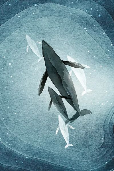 Whales in Deep Blue — Watercolor Print