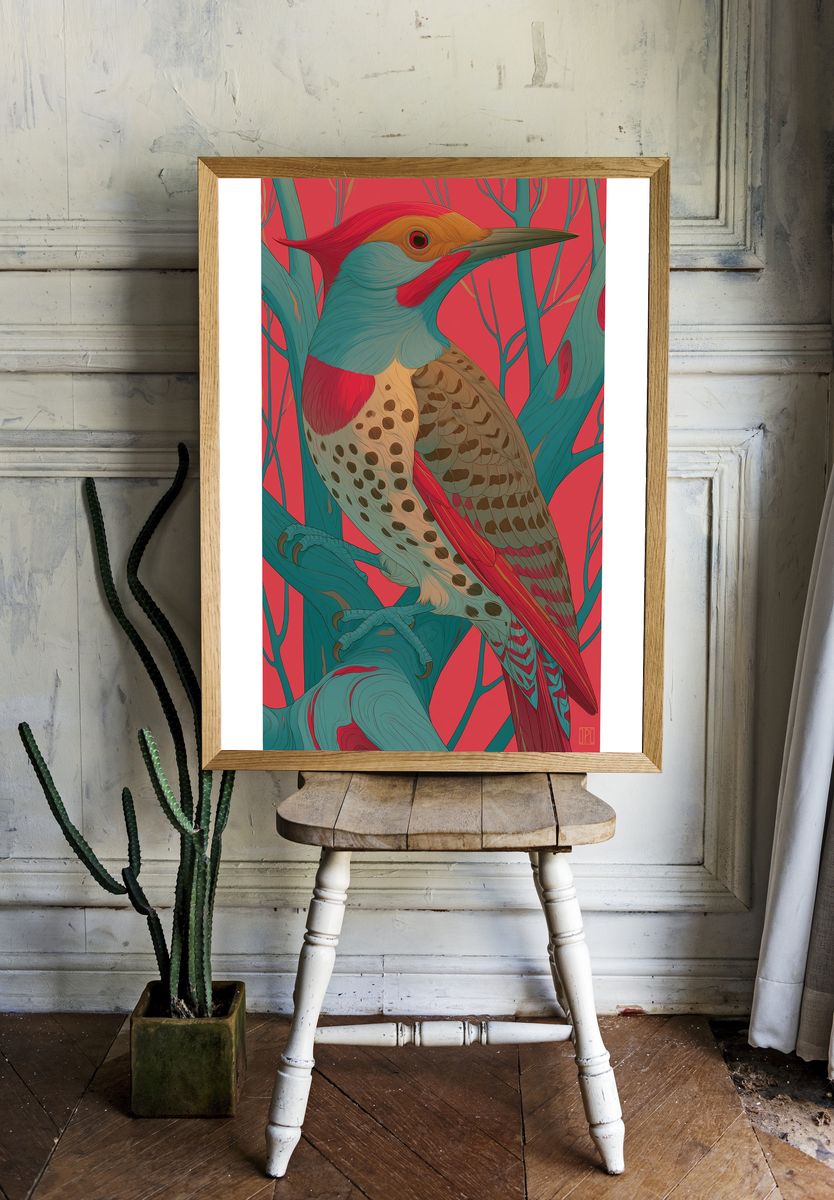Colorful Woodpecker Illustration Poster. — room view 1