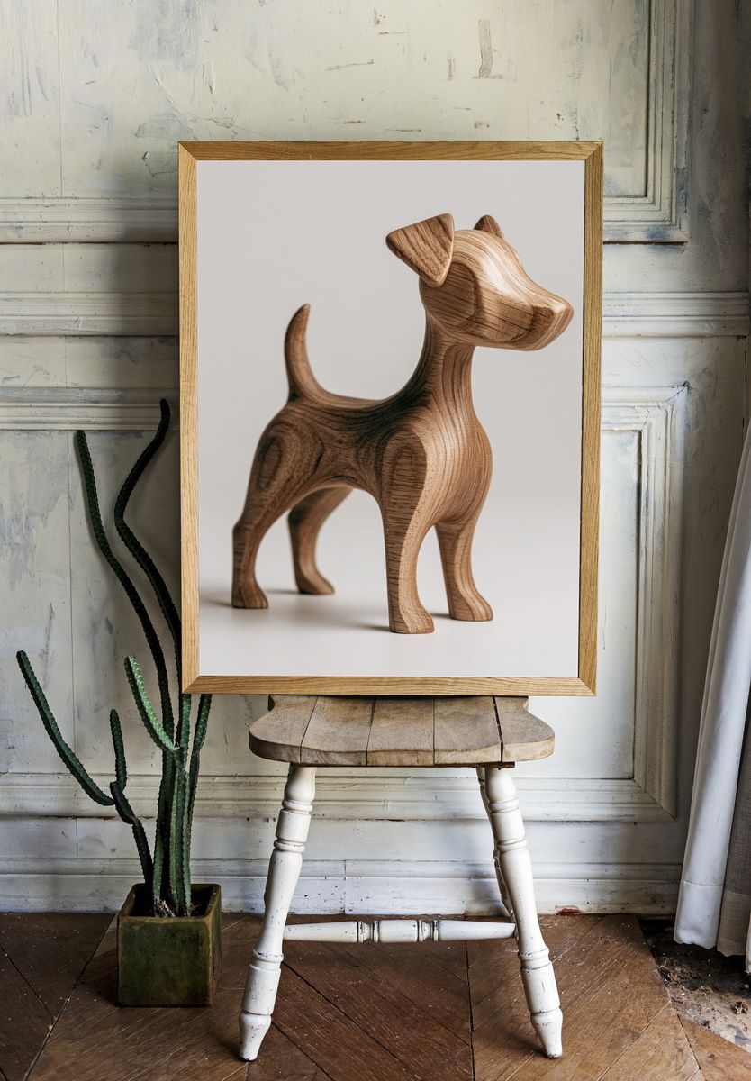Wooden Dog Sculpture Photography Poster. room preview