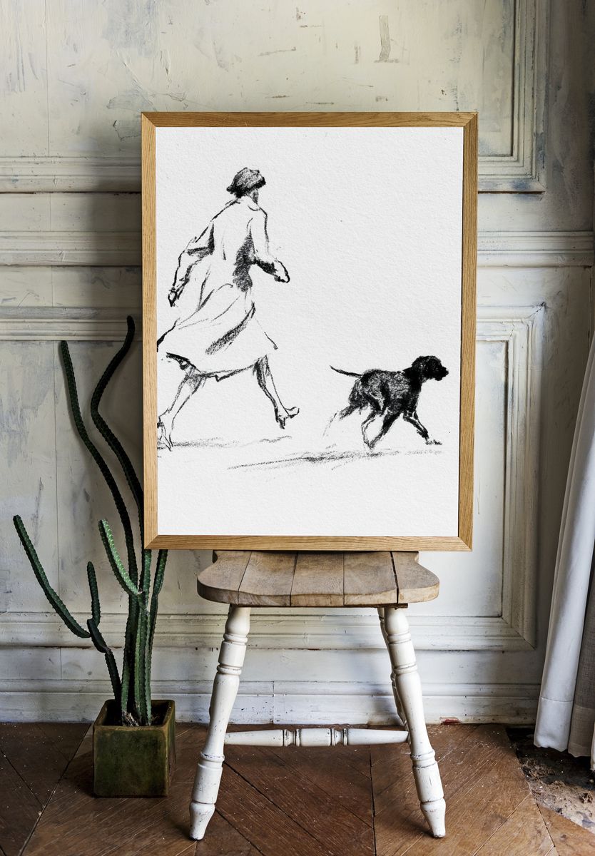Woman and Dog Sketch Print. — room view 1