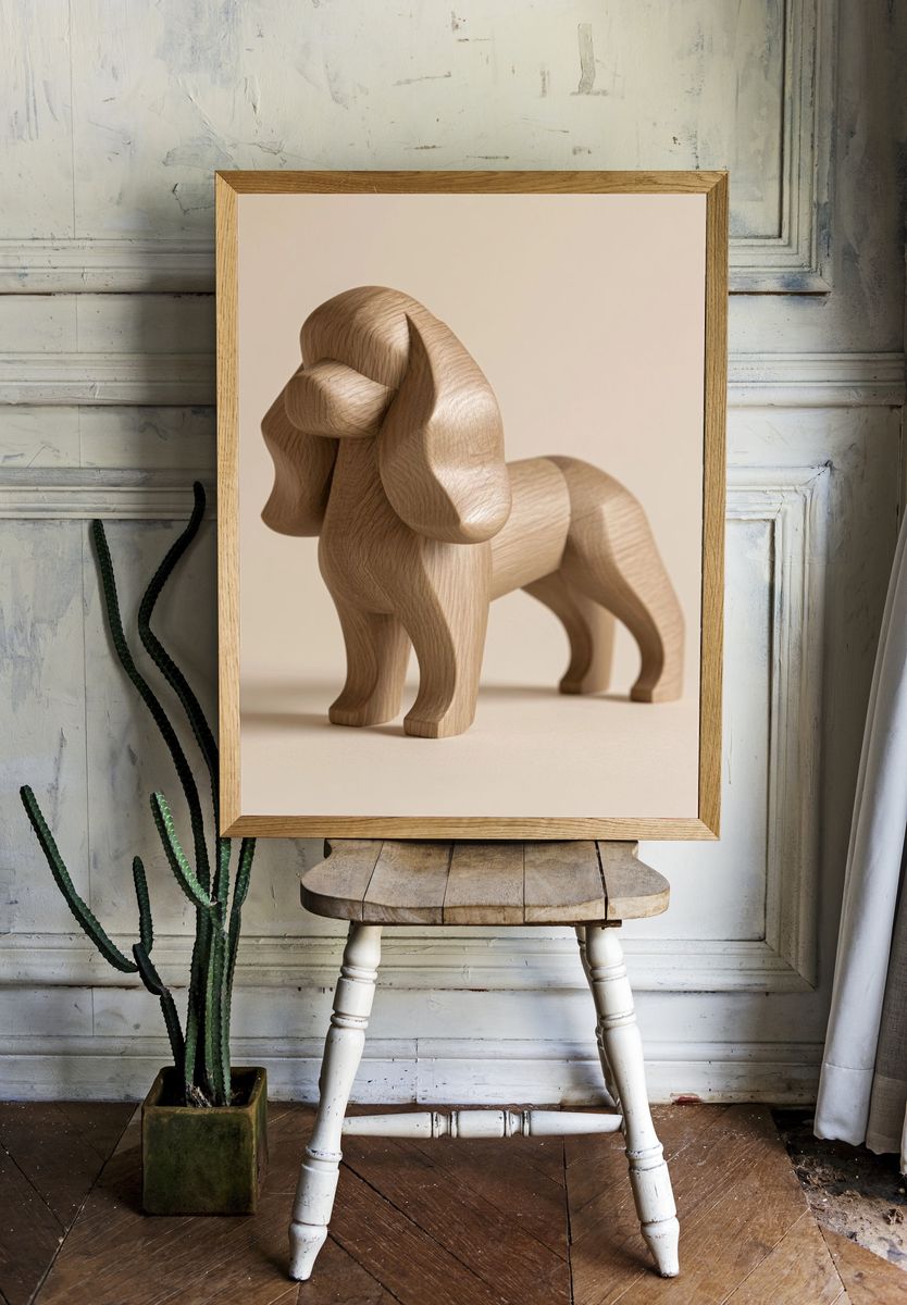 Wooden Dog Sculpture Print. — room view 1