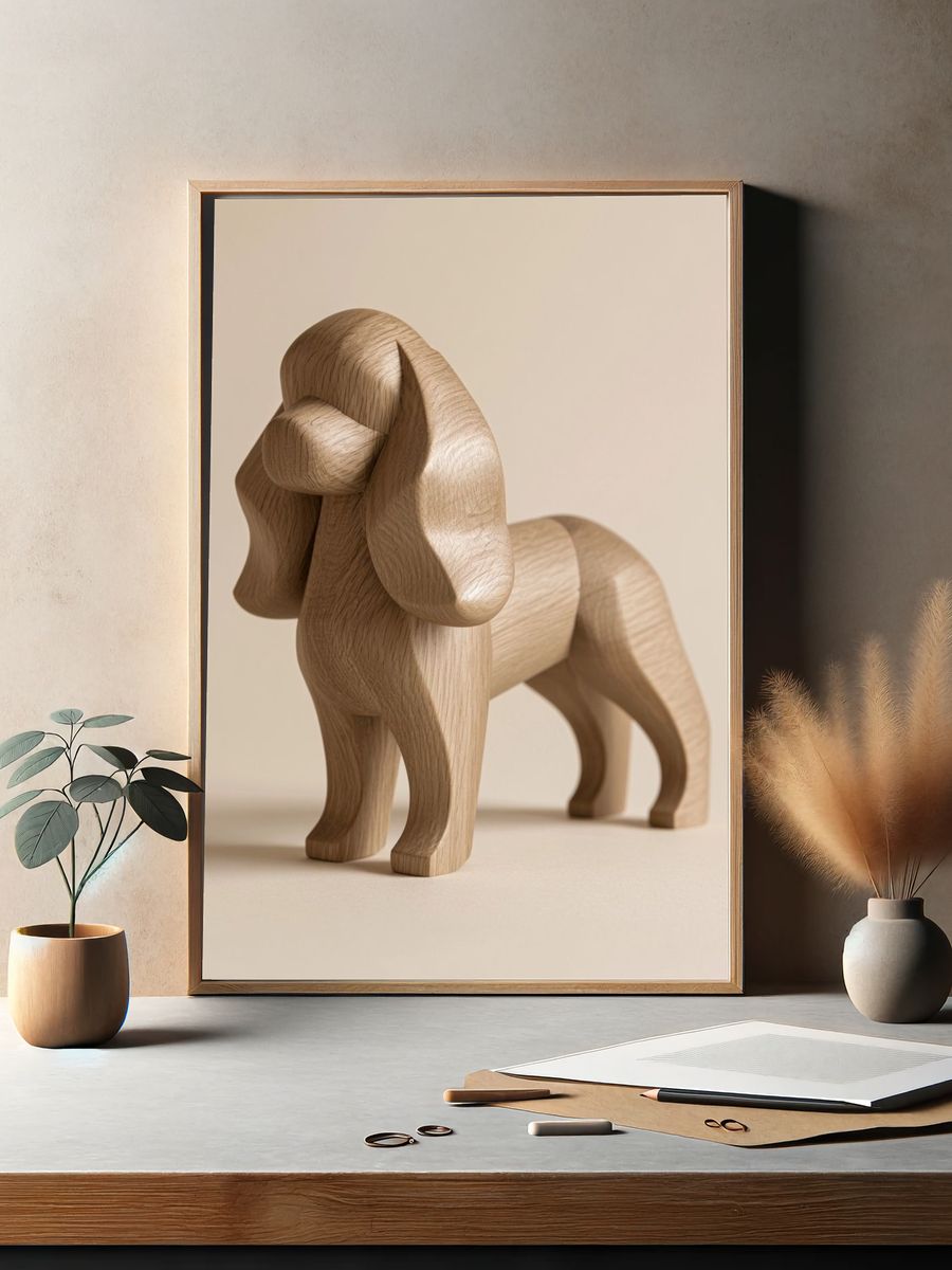 Wooden Dog Sculpture Print. — room view 2