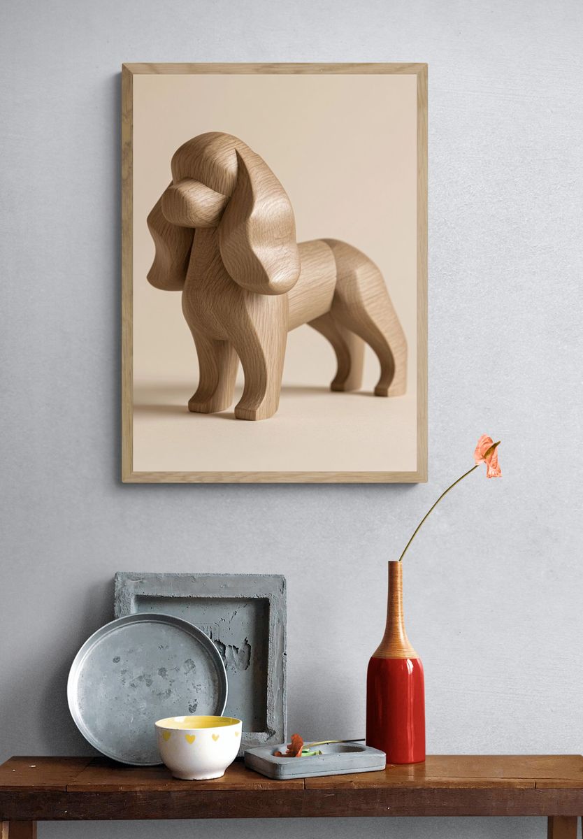 Wooden Dog Sculpture Print. — room view 3