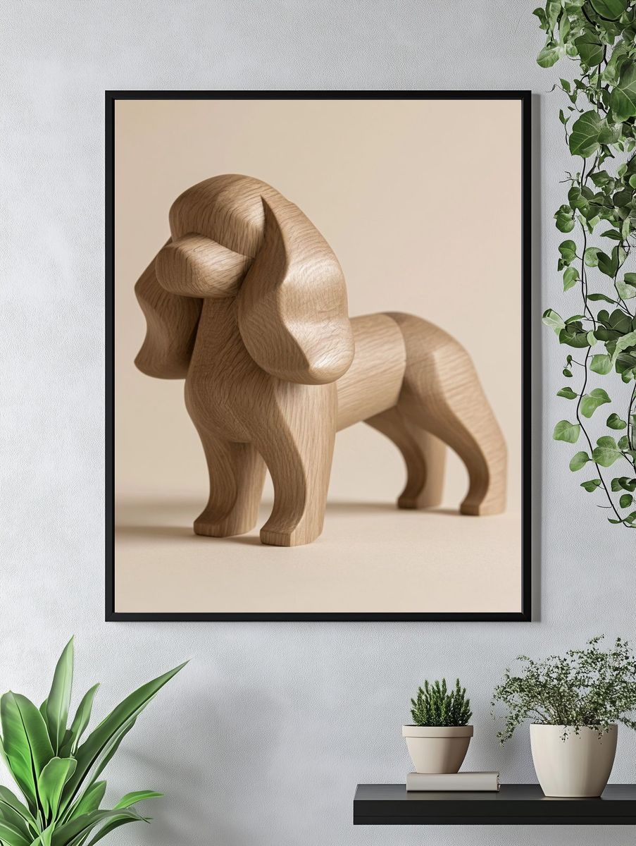 Wooden Dog Sculpture Print. — room view 4