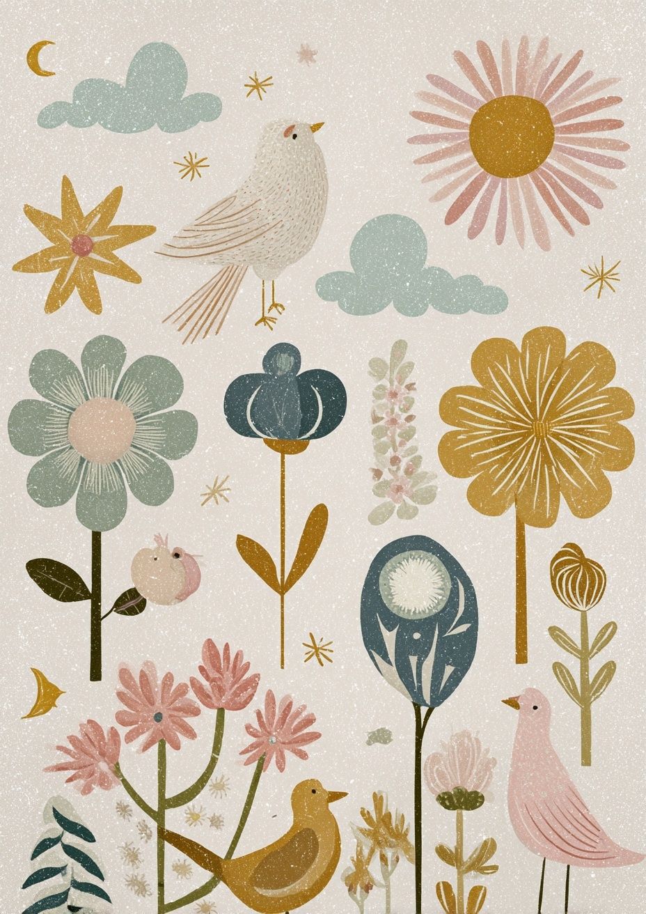 Whimsical Floral and Bird Illustration Poster. poster detail