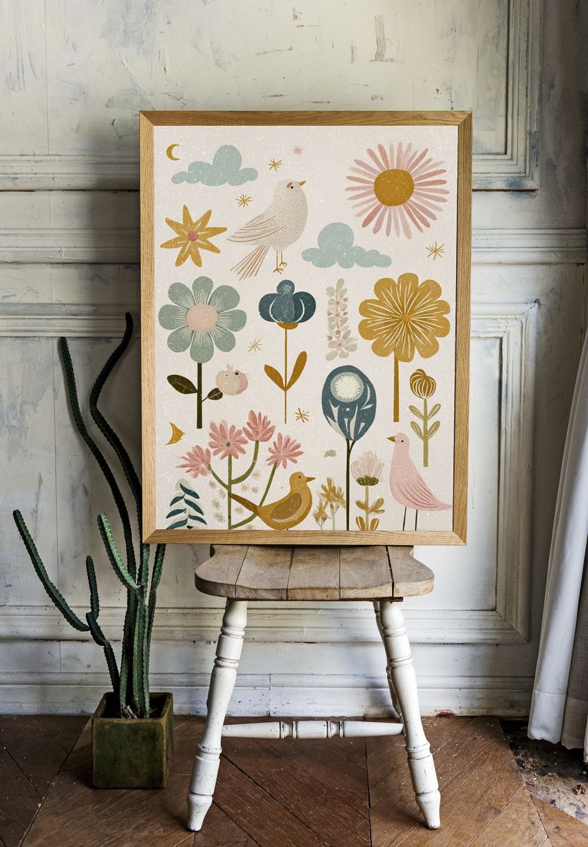 Whimsical Floral and Bird Illustration Poster. room preview