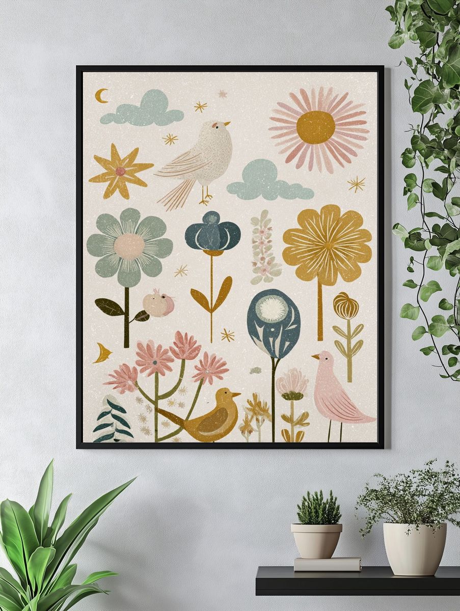 Whimsical Floral and Bird Illustration Poster. — room view 4