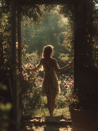 Woman in Floral Dress — Nature Photography Print. poster