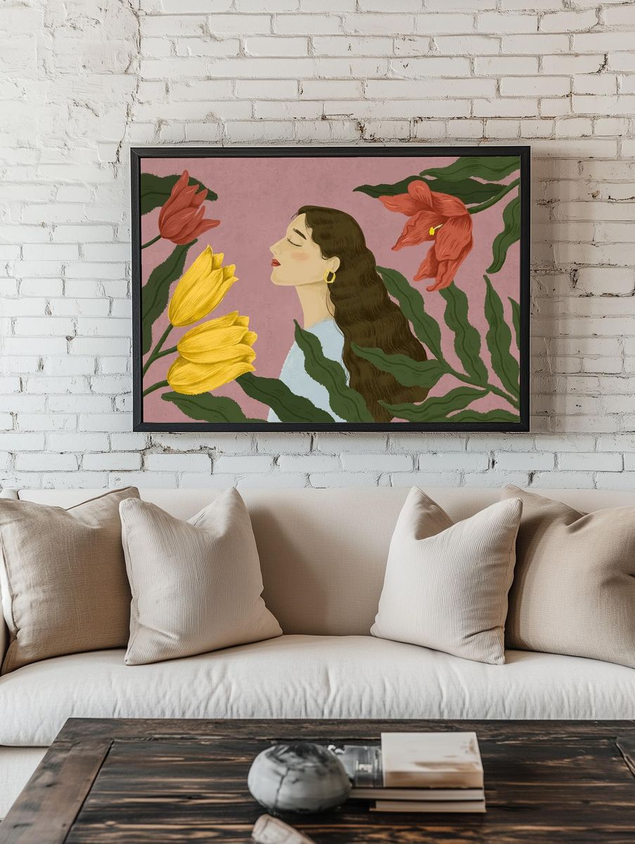 Woman with Flowers — Illustration Print room preview