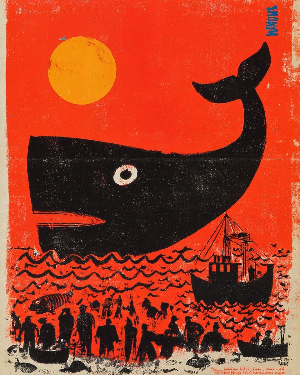 Whale and Fishermen — Vintage Print.