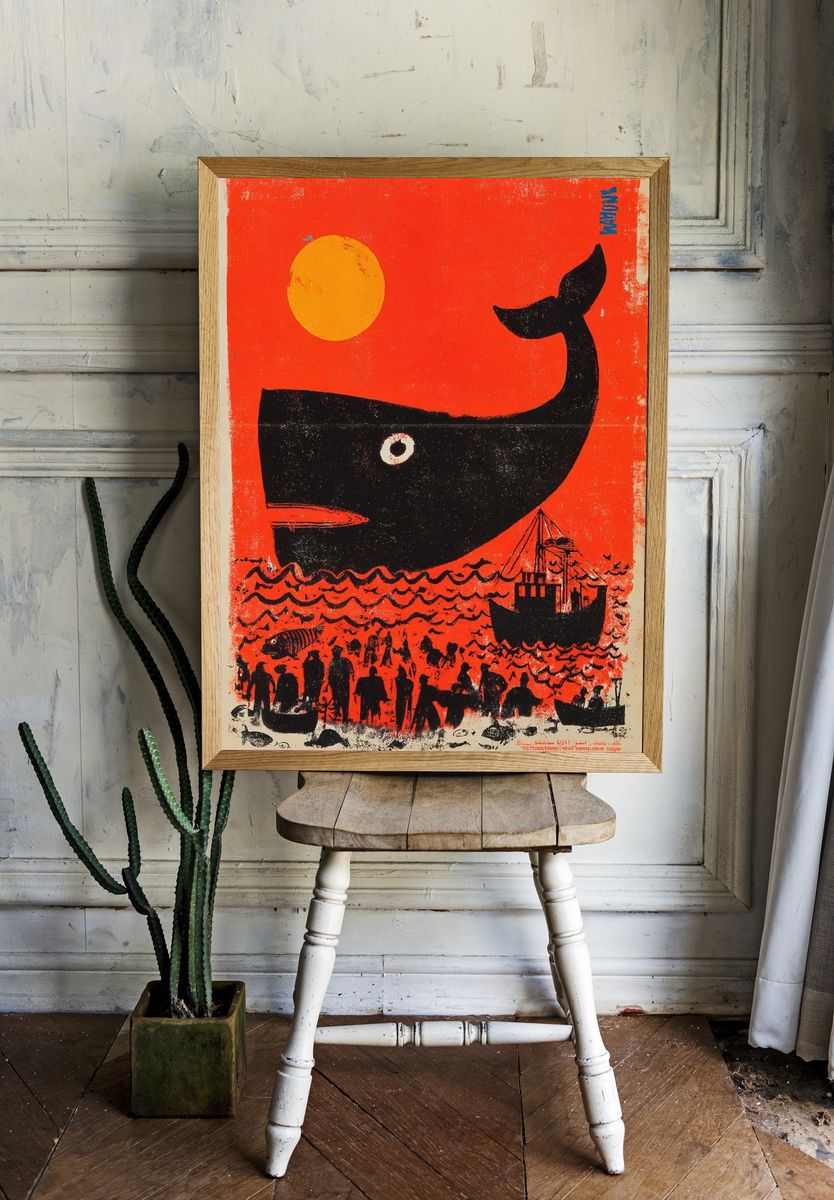 Whale and Fishermen — Vintage Print. room preview