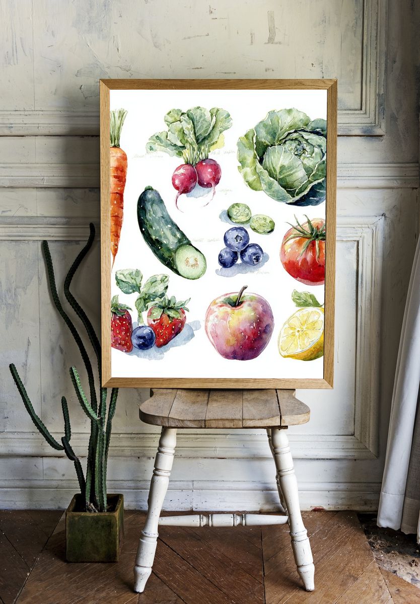 Watercolor Fruits and Vegetables Poster. room preview