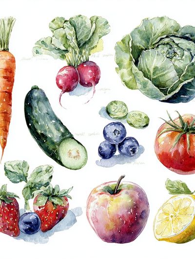 Watercolor Fruits and Vegetables Poster. poster