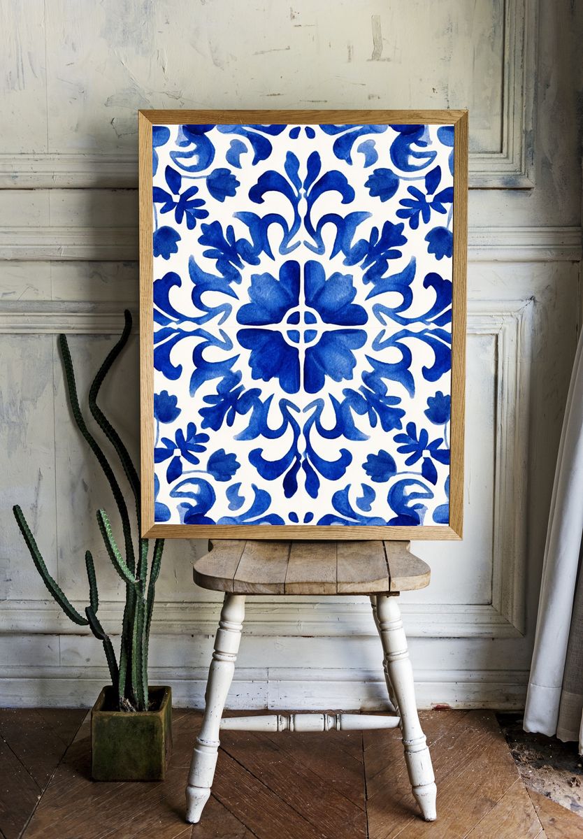 Blue Floral Pattern — Watercolor Print. room preview
