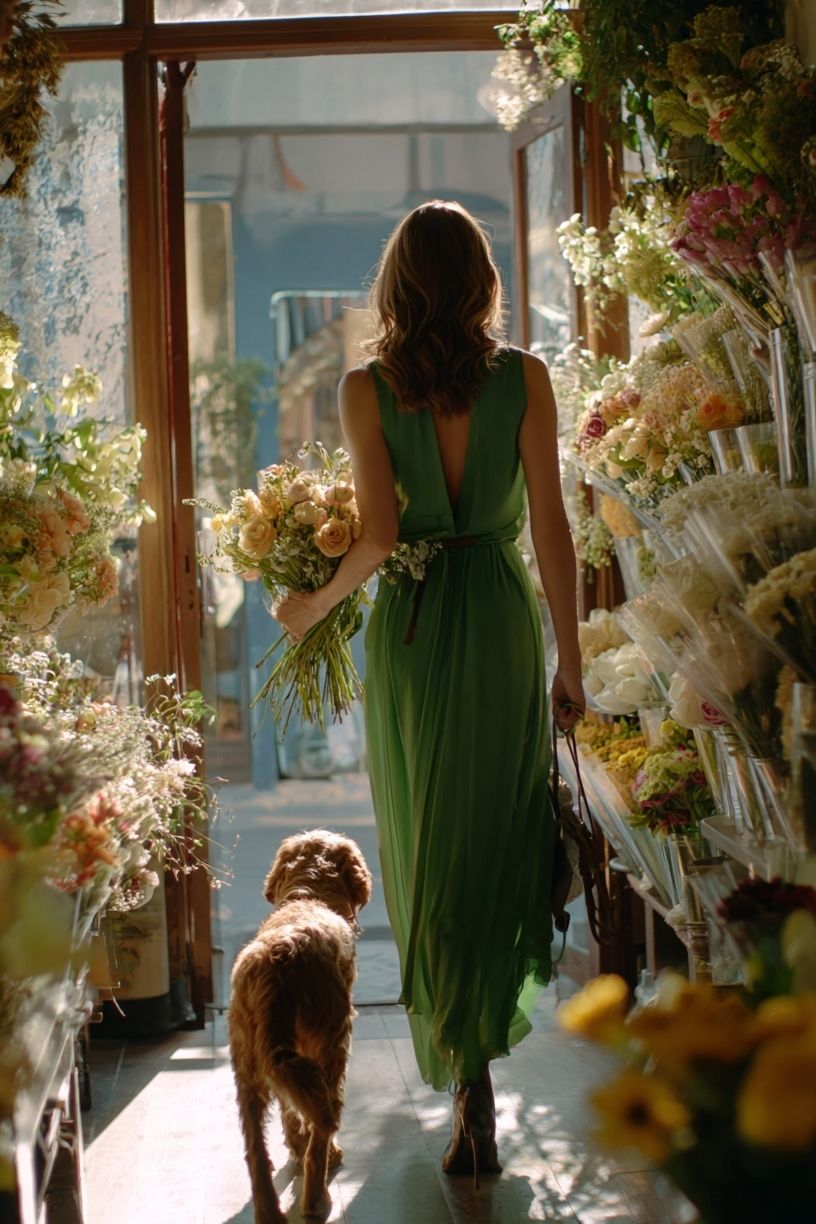 Woman in Green Dress with Dog — Photography Print. poster detail