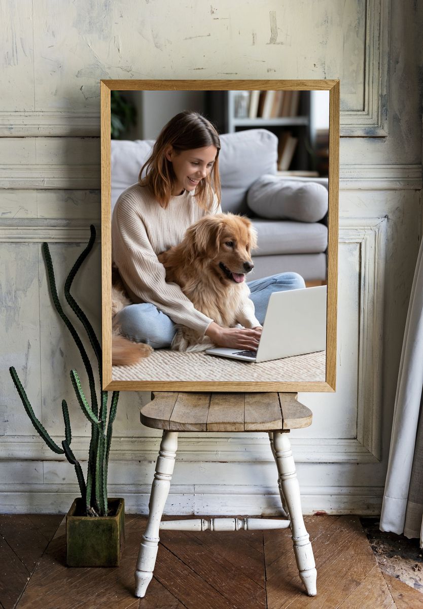 Woman with Golden Retriever Photography Poster. — room view 1
