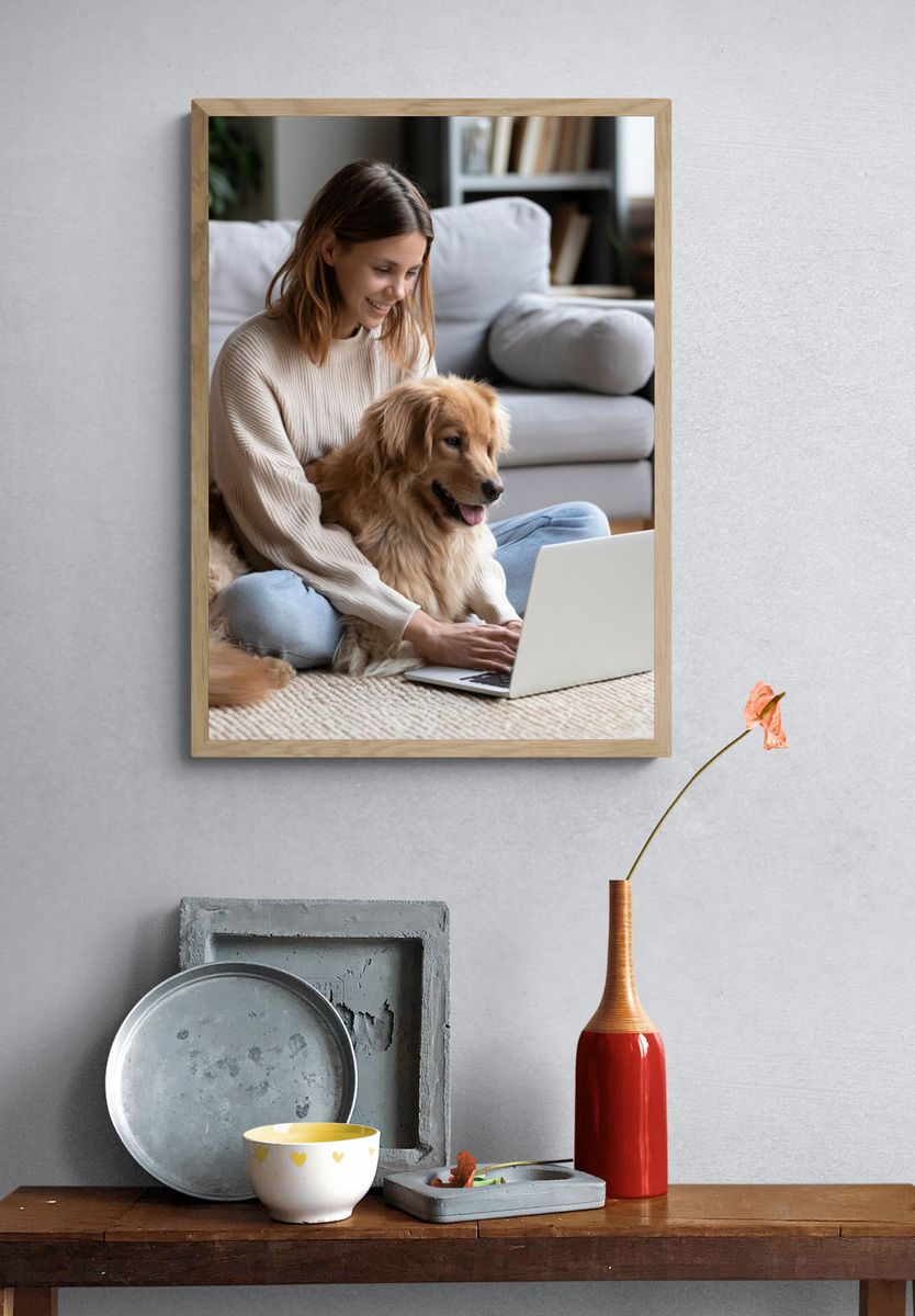 Woman with Golden Retriever Photography Poster. — room view 3