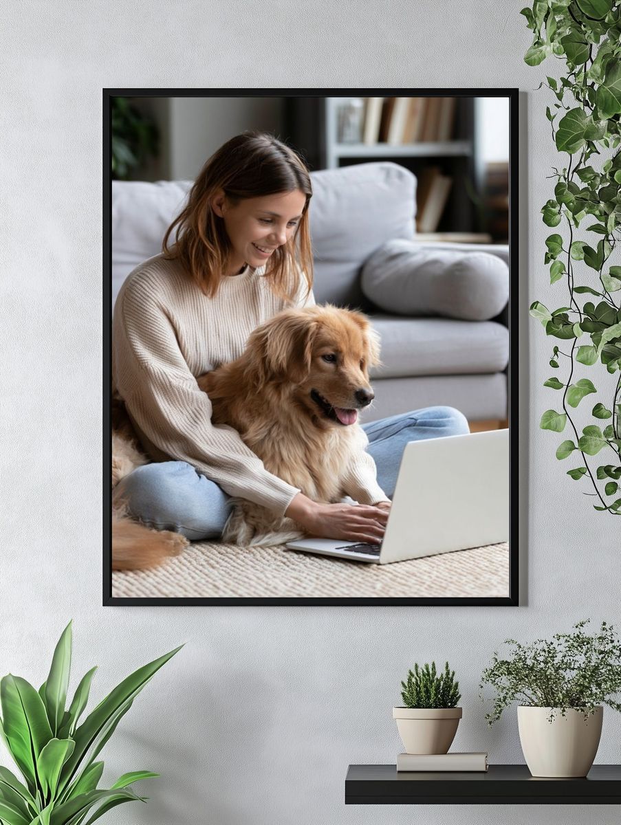 Woman with Golden Retriever Photography Poster. — room view 4