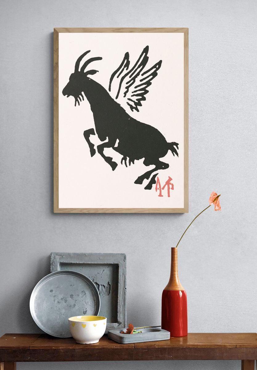Winged Goat Ink Illustration Poster. — room view 3