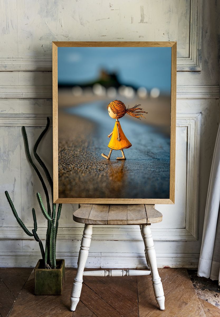 Whimsical Girl Walking — Illustration Print. room preview