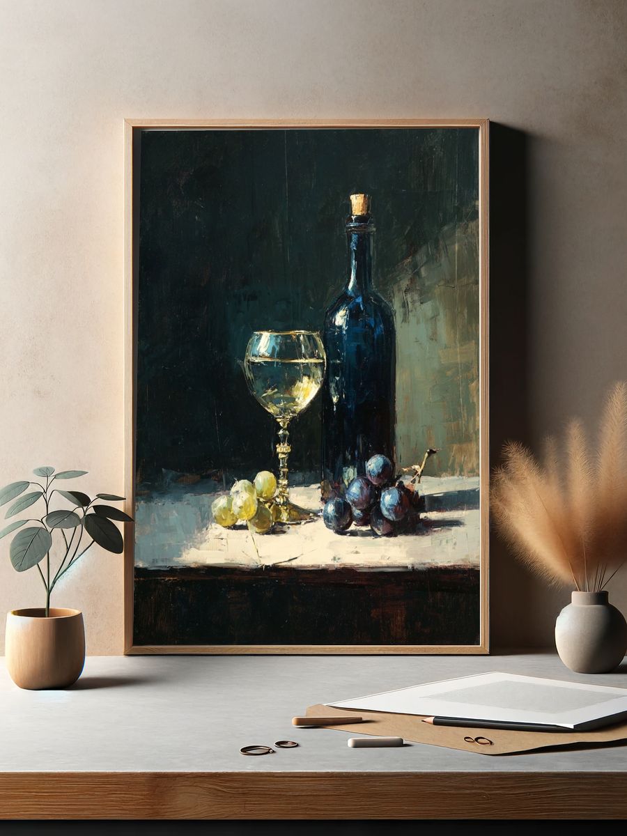Wine and Grapes Still Life Poster. — room view 2