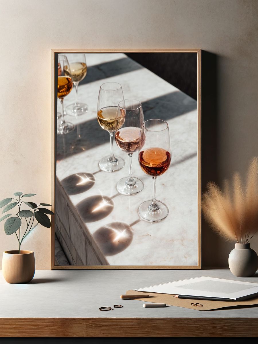 Wine Glasses on Marble Table — Photography Print. — room view 2
