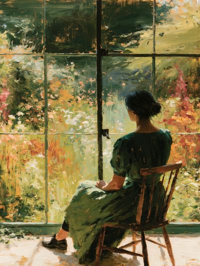 Woman by Garden Window Painting Poster. poster