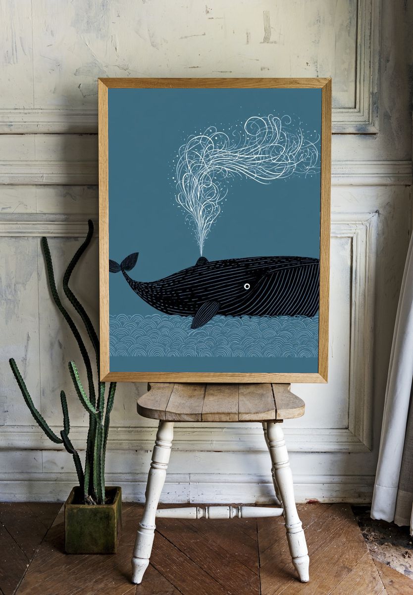 Whale Breaching Illustration Poster. — room view 1