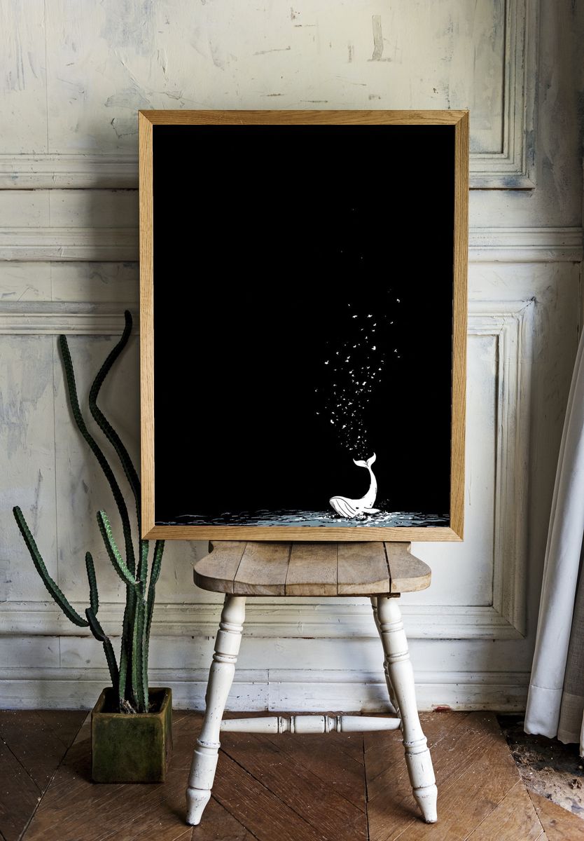 Whale Breach Minimalist Print. room preview