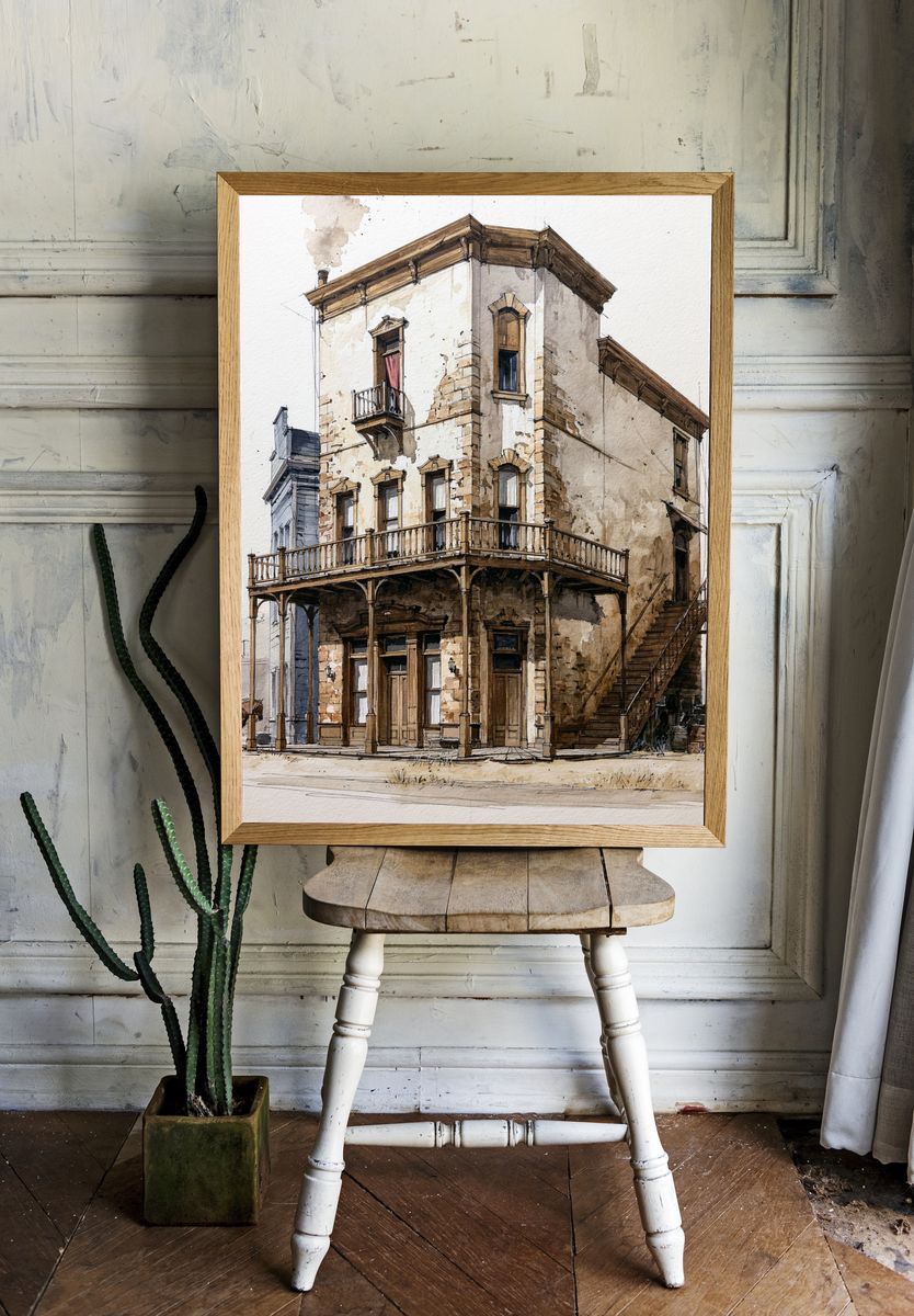 Old Western House Watercolor Print. — room view 1