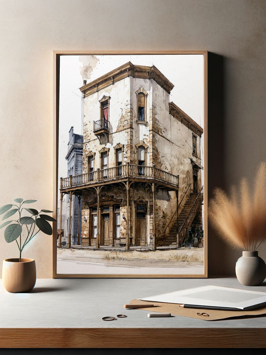 Old Western House Watercolor Print. — room view 2