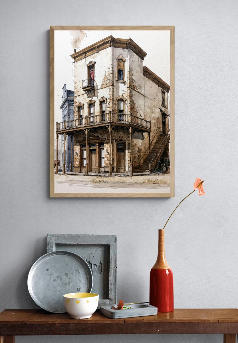 Old Western House Watercolor Print. — room view 3