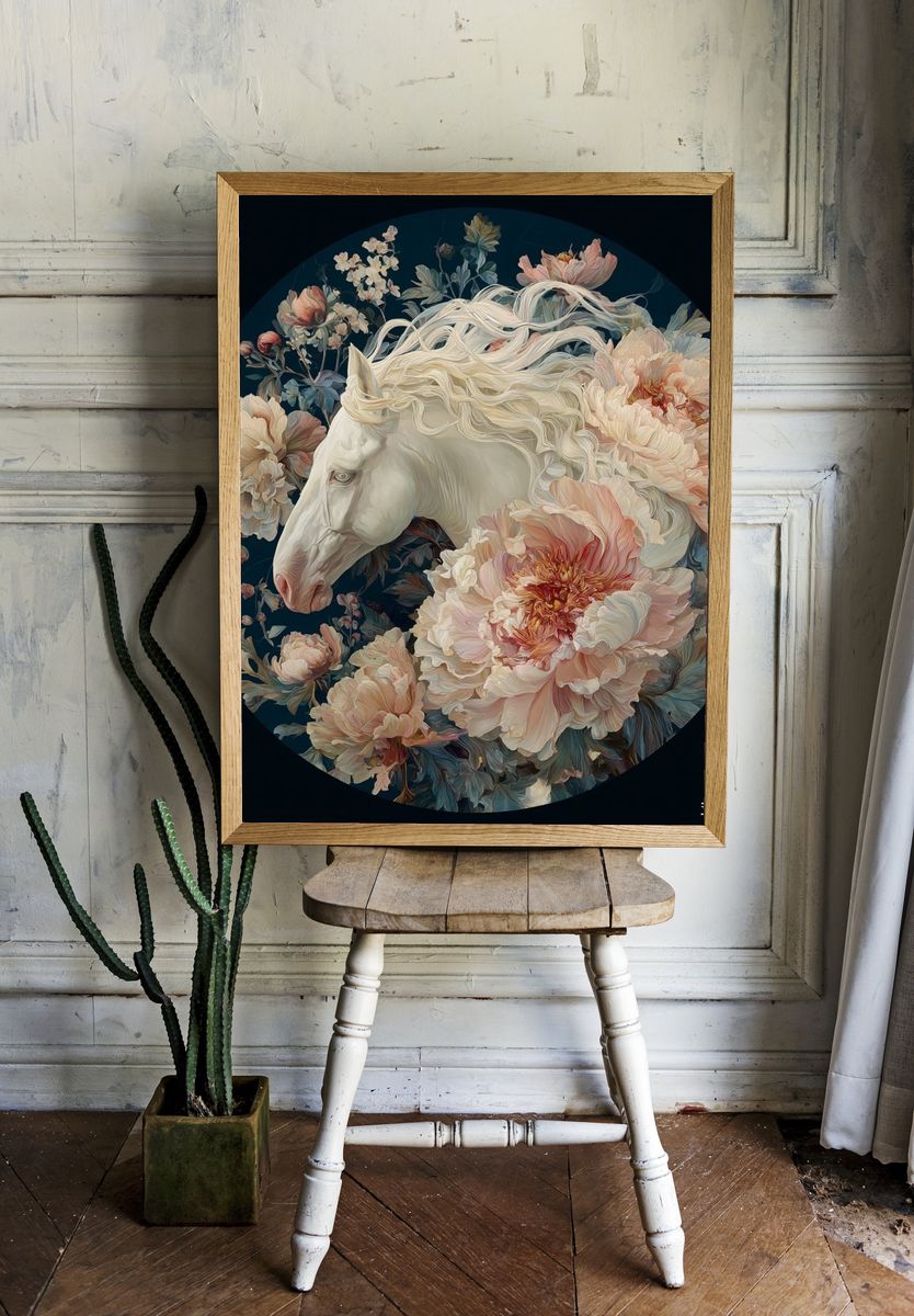 White Horse Floral Illustration Poster. — room view 1