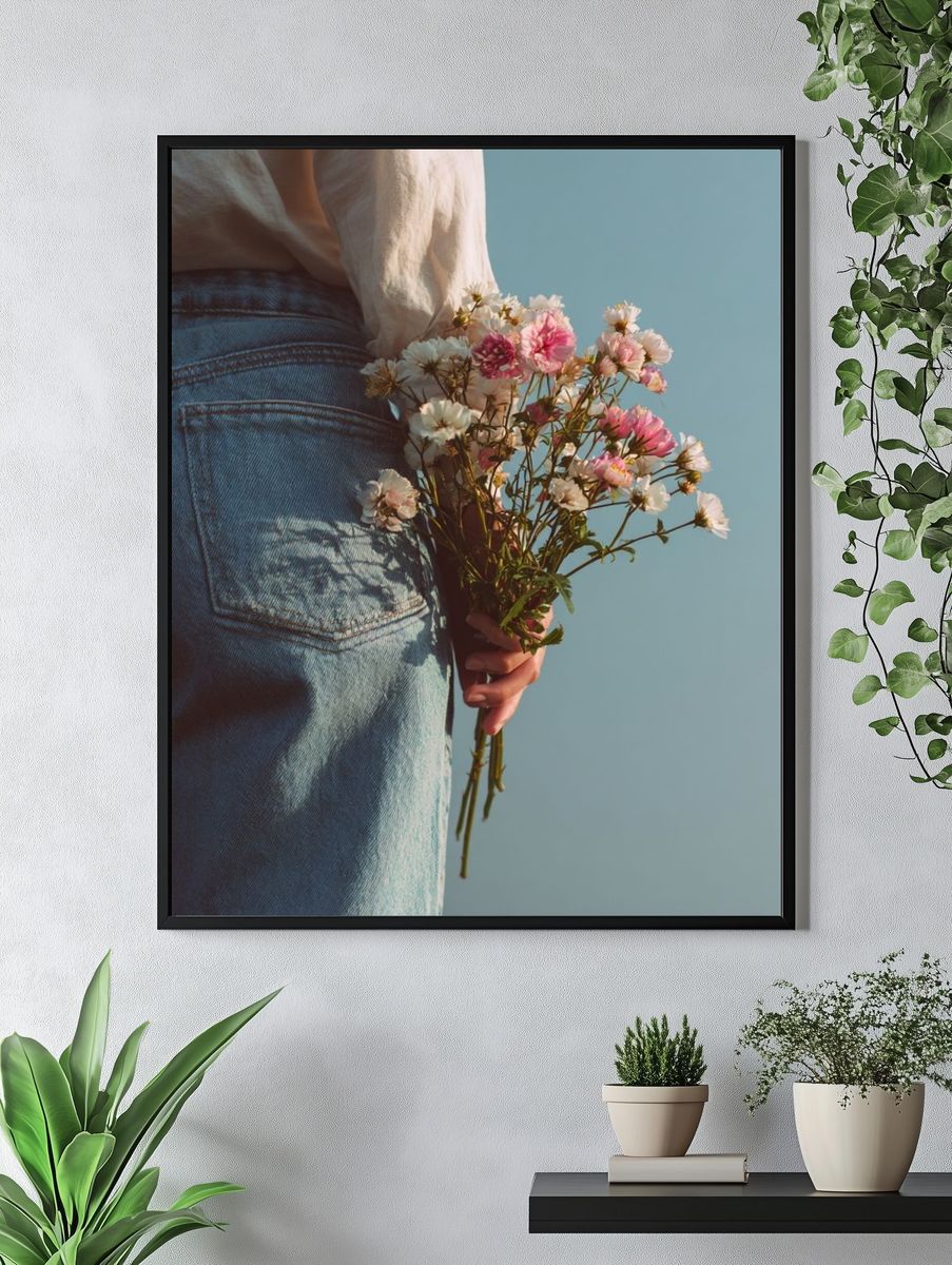 Woman Holding Flowers — Photography Print. — room view 4