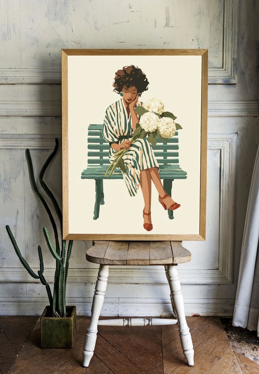 Woman with Hydrangeas — Illustration Print room preview