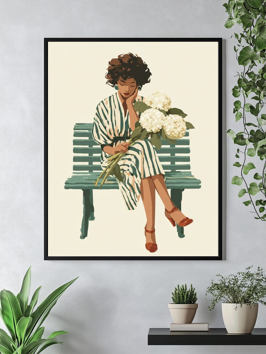 Woman with Hydrangeas — Illustration Print. — room view 4