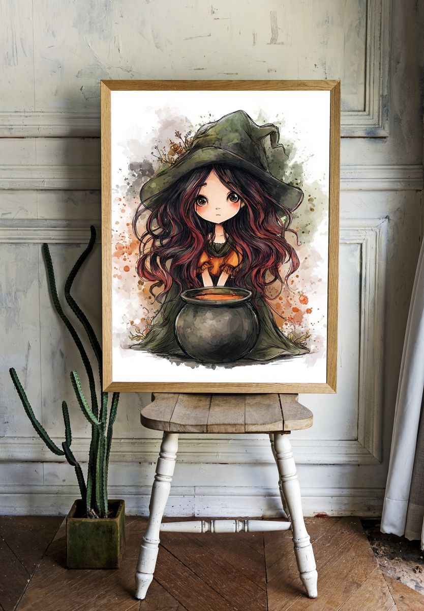 Cute Witch with Cauldron — Illustration Print room preview
